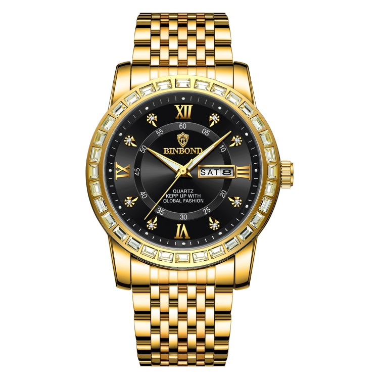 BINBOND B2202 Diamond Dual-calendar Luminous Quartz Watch, Color: Full-gold-Black - free shipping - PMC TechLife - Order now!