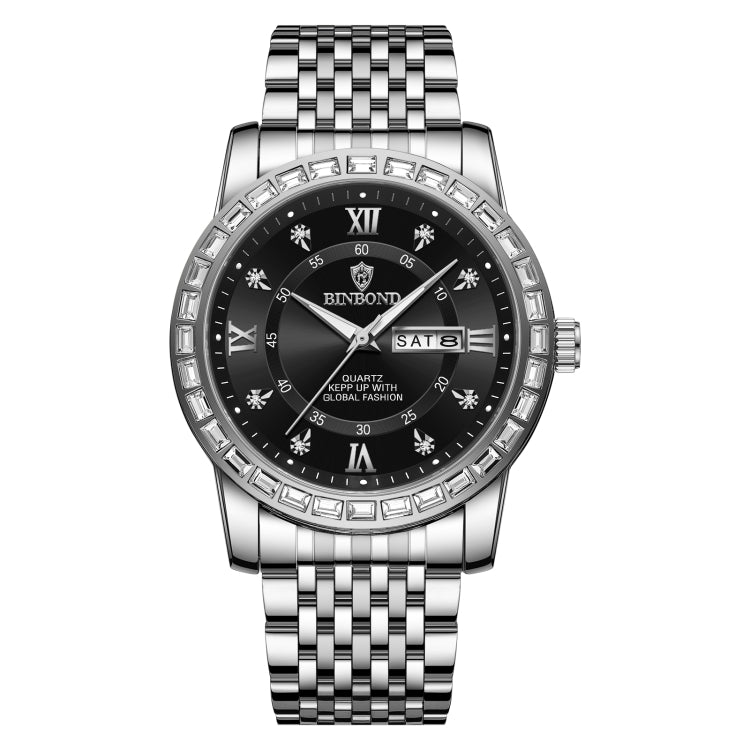 BINBOND B2202 Diamond Dual-calendar Luminous Quartz Watch, Color: White Steel-Black - free shipping - PMC TechLife - Order now!