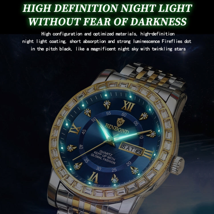 BINBOND B2202 Diamond Dual-calendar Luminous Quartz Watch, Color: Full-gold-Gold - free shipping - PMC TechLife - Order now!