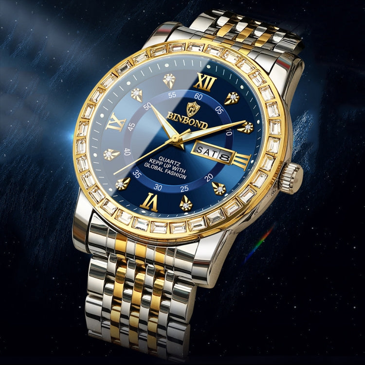 BINBOND B2202 Diamond Dual-calendar Luminous Quartz Watch, Color: White Steel-Black - free shipping - PMC TechLife - Order now!