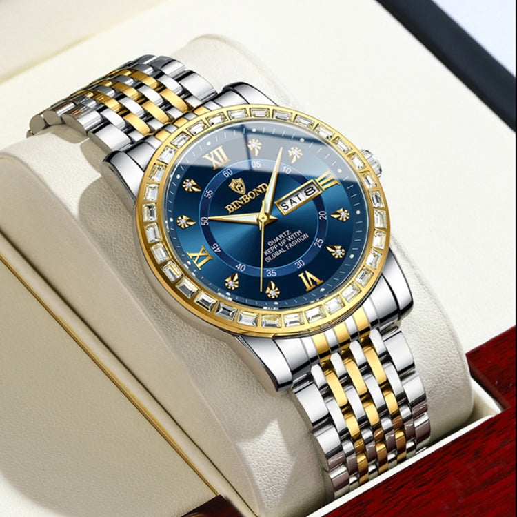 BINBOND B2202 Diamond Dual-calendar Luminous Quartz Watch, Color: White Steel-Black - free shipping - PMC TechLife - Order now!