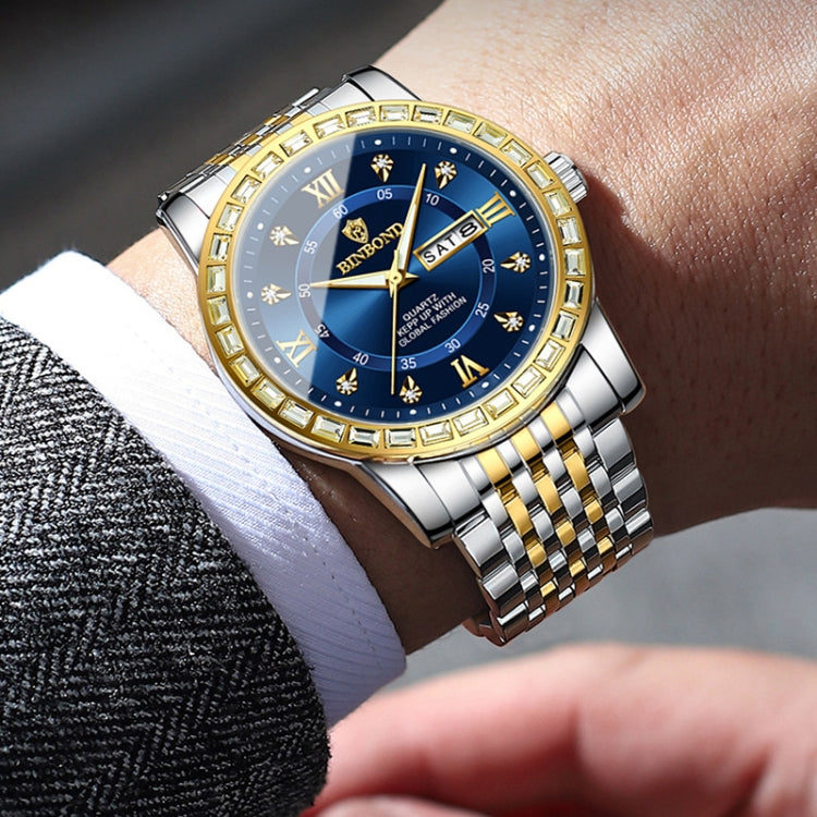 BINBOND B2202 Diamond Dual-calendar Luminous Quartz Watch, Color: Inter-gold-Black - free shipping - PMC TechLife - Order now!
