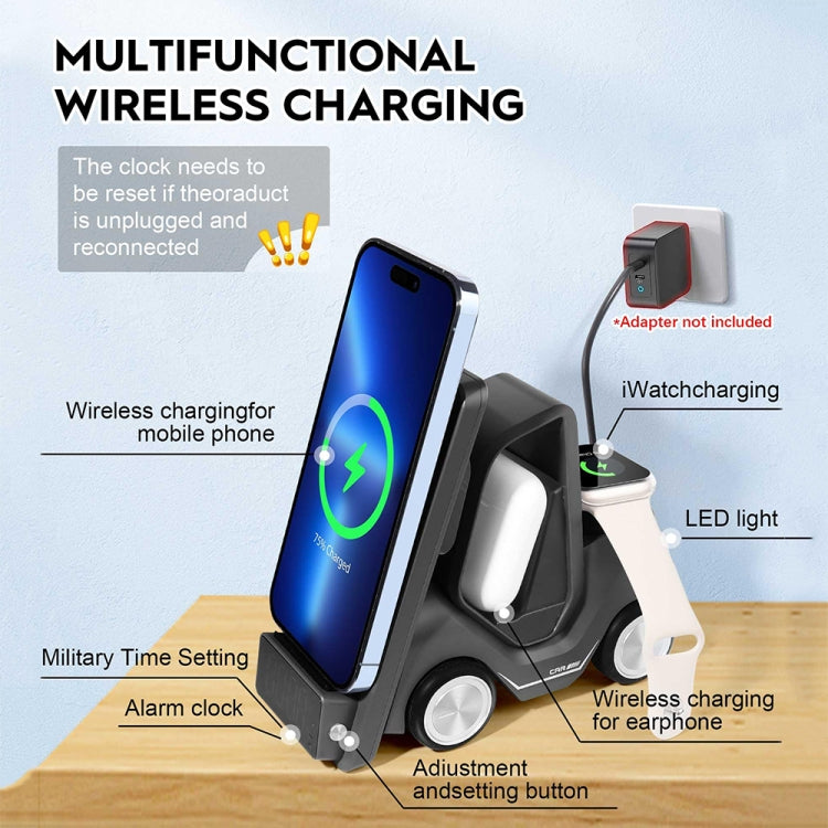T20 5-in-1 Car-shaped Desktop Alarm Clock Wireless Charger with Atmosphere Light(White) - free shipping - PMC Jewellery - Order now!