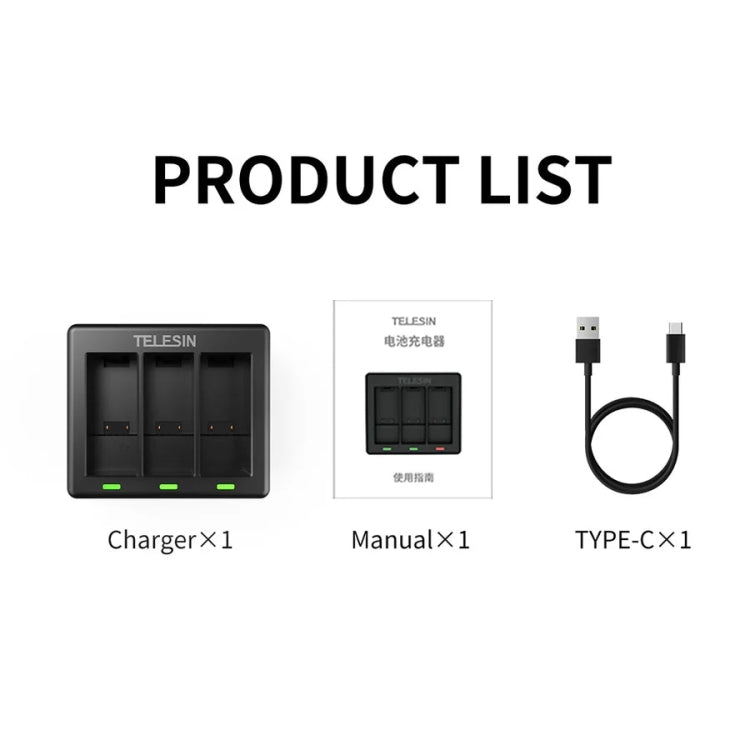 TELESIN GP-BCG-902 Battery 3 Slots Charger For GoPro HERO12 Black / HERO11 Black / HERO10 Black / HERO9 Black - Charger by TELESIN | Online Shopping South Africa | PMC TechLife | Buy Now Pay Later Mobicred