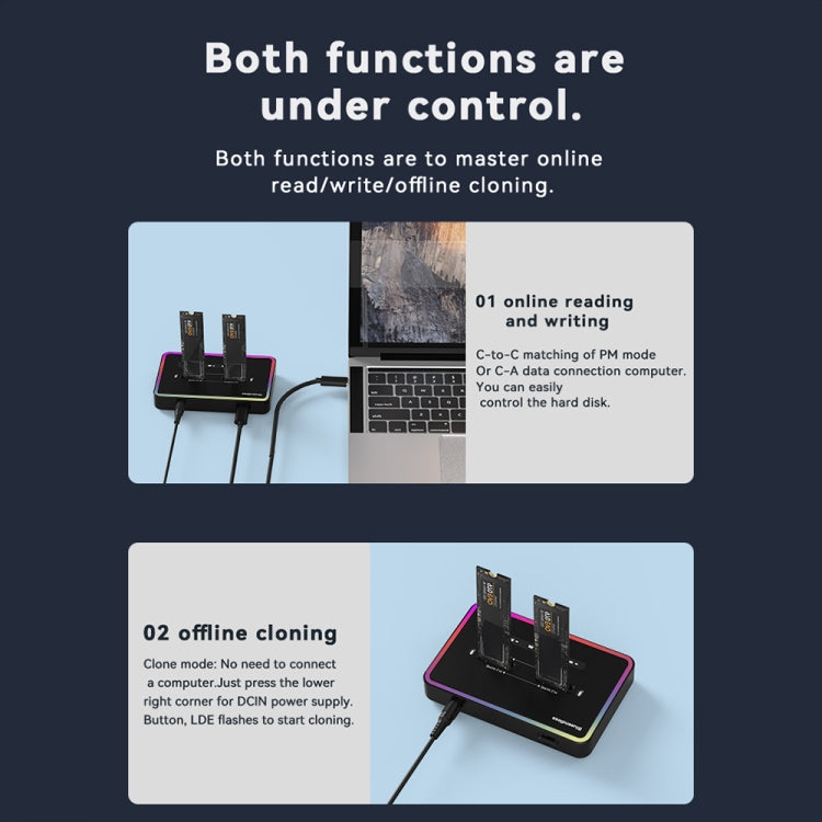 RGB Dual NVME or Dual SATA Blueendless M.2 Dual-Slot Hard Drive Base Solid State Hard Drive Box, US Plug - HDD Enclosure by PMC Jewellery | Online Shopping South Africa | PMC Jewellery | Buy Now Pay Later Mobicred