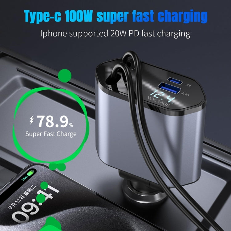 4-In-1 120W Multifunctional USB Retractable Dual-Line Digital Display Car Fast Charger(8 Pin + Type-C) - free shipping - PMC TechLife - Order now!
