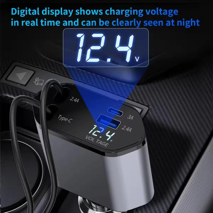 4-In-1 120W Multifunctional USB Retractable Dual-Line Digital Display Car Fast Charger(8 Pin + Type-C) - free shipping - PMC TechLife - Order now!