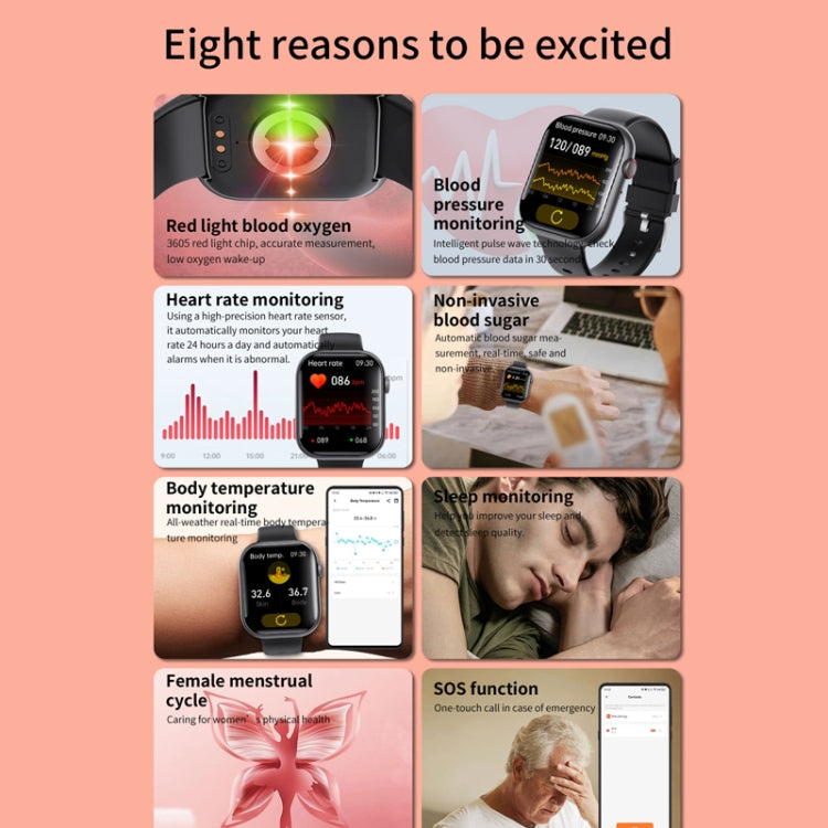 F70  2.1 Inch Screen Smart Watch With Blood Sugar/Blood Oxygen Monitoring /SOS Alarm/100+ Sports Modes, Color: Black Pink - Smart Watches by PMC TechLife | Online Shopping South Africa | PMC TechLife | Buy Now Pay Later Mobicred