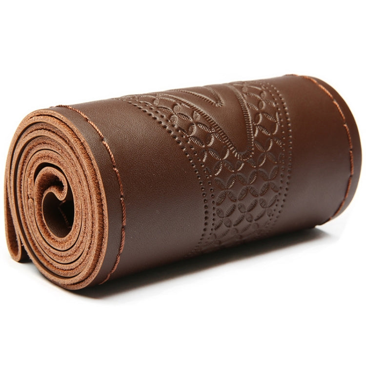 38cm Four-Season Embossed Hand-Sewn Cowhide Steering Wheel Cover(Coffee) - Steering Wheel Accessories by PMC TechLife | Online Shopping South Africa | PMC TechLife | Buy Now Pay Later Mobicred