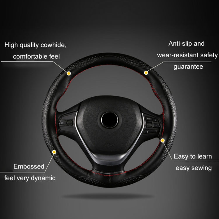 38cm Four-Season Embossed Hand-Sewn Cowhide Steering Wheel Cover(Black+Red Line) - Steering Wheel Accessories by PMC TechLife | Online Shopping South Africa | PMC TechLife | Buy Now Pay Later Mobicred