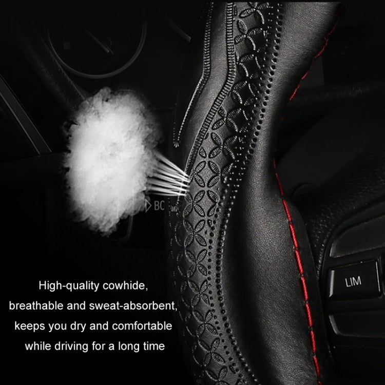 38cm Four-Season Embossed Hand-Sewn Cowhide Steering Wheel Cover(Black+Black Line) - Steering Wheel Accessories by PMC TechLife | Online Shopping South Africa | PMC TechLife | Buy Now Pay Later Mobicred