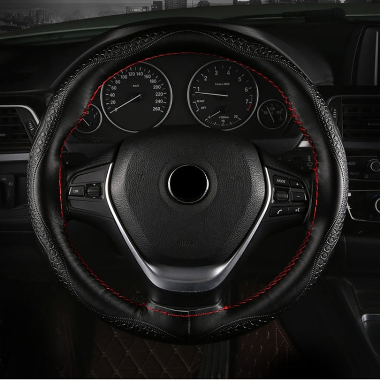 38cm Four-Season Embossed Hand-Sewn Cowhide Steering Wheel Cover(Black+Black Line) - Steering Wheel Accessories by PMC TechLife | Online Shopping South Africa | PMC TechLife | Buy Now Pay Later Mobicred