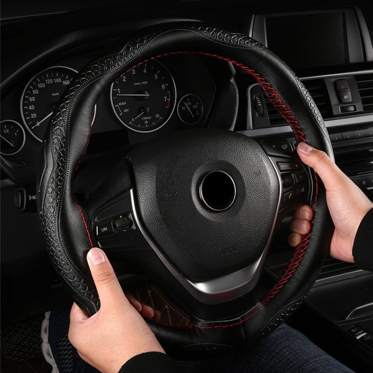 38cm Four-Season Embossed Hand-Sewn Cowhide Steering Wheel Cover(Black+Black Line) - Steering Wheel Accessories by PMC TechLife | Online Shopping South Africa | PMC TechLife | Buy Now Pay Later Mobicred