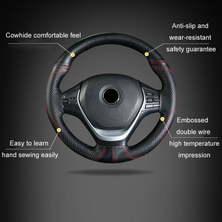 38cm Cowhide Embossed Hand-Stitched Double-Line Steering Wheel Cover(Black Black Line) - Steering Wheel Accessories by PMC TechLife | Online Shopping South Africa | PMC TechLife | Buy Now Pay Later Mobicred