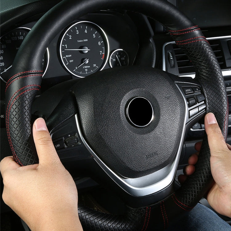 38cm Cowhide Embossed Hand-Stitched Double-Line Steering Wheel Cover(Black Red Line) - Steering Wheel Accessories by PMC TechLife | Online Shopping South Africa | PMC TechLife | Buy Now Pay Later Mobicred