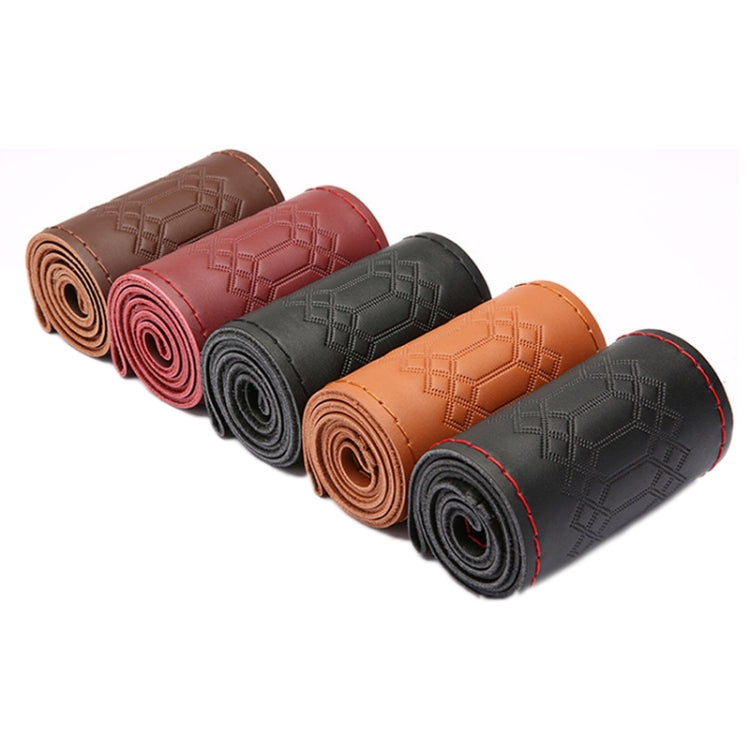 38cm Four-season Embossed Hand-sewn Cowhide Steering Wheel Cover(Coffee) - Steering Wheel Accessories by PMC TechLife | Online Shopping South Africa | PMC TechLife | Buy Now Pay Later Mobicred