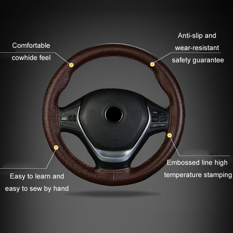 38cm Four-season Embossed Cowhide Hand-sewn Steering Wheel Cover(Black+Black Line) - Steering Wheel Accessories by PMC TechLife | Online Shopping South Africa | PMC TechLife | Buy Now Pay Later Mobicred