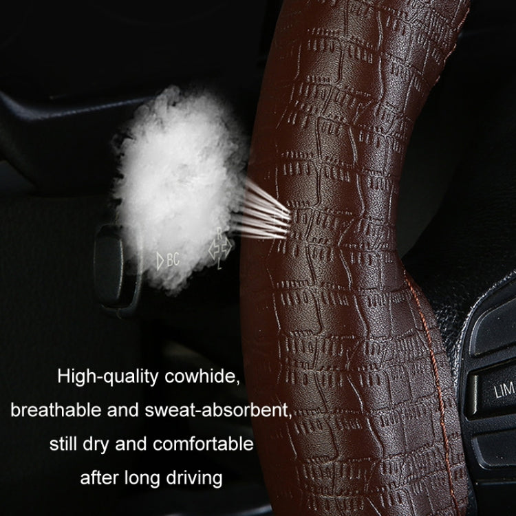 38cm Four-season Embossed Cowhide Hand-sewn Steering Wheel Cover(Brown) - Steering Wheel Accessories by PMC TechLife | Online Shopping South Africa | PMC TechLife | Buy Now Pay Later Mobicred