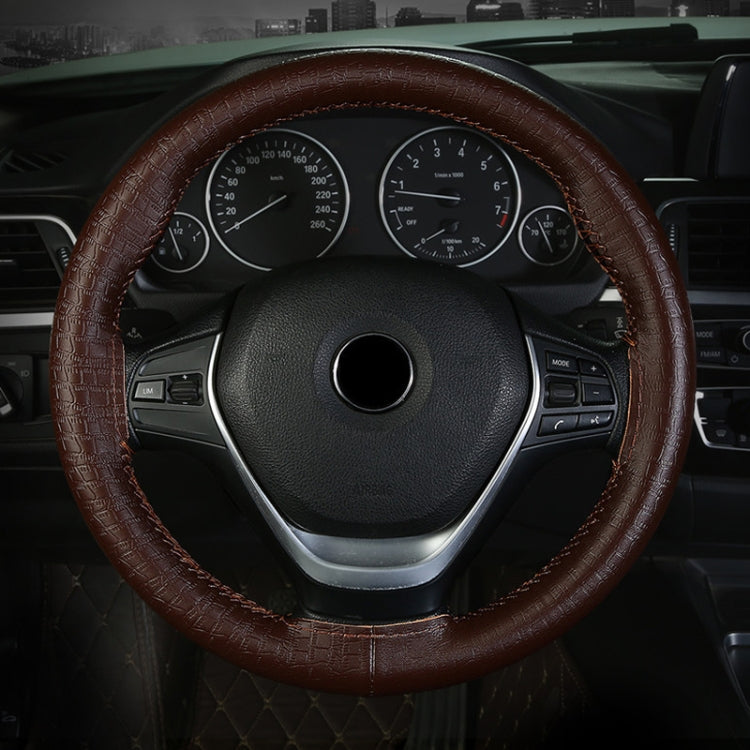 38cm Four-season Embossed Cowhide Hand-sewn Steering Wheel Cover(Coffee) - Steering Wheel Accessories by PMC TechLife | Online Shopping South Africa | PMC TechLife | Buy Now Pay Later Mobicred