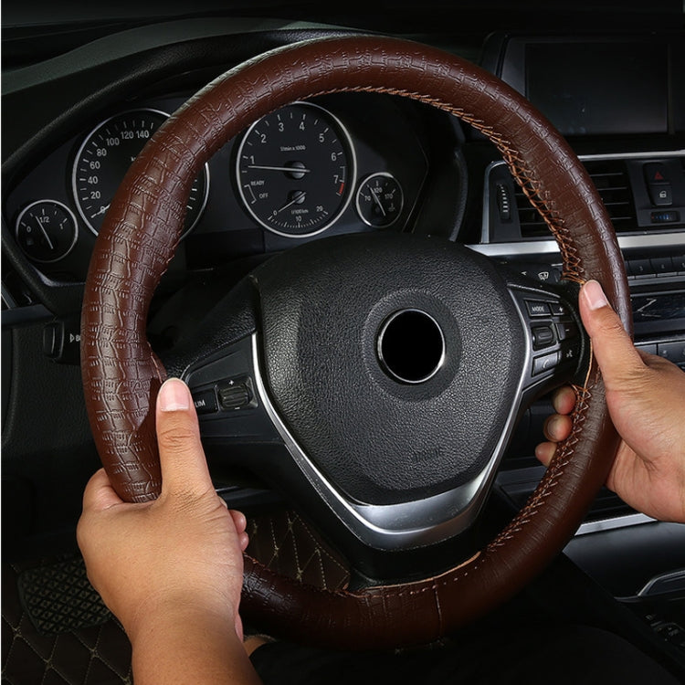 38cm Four-season Embossed Cowhide Hand-sewn Steering Wheel Cover(Wine Red) - free shipping - PMC TechLife - Order now!