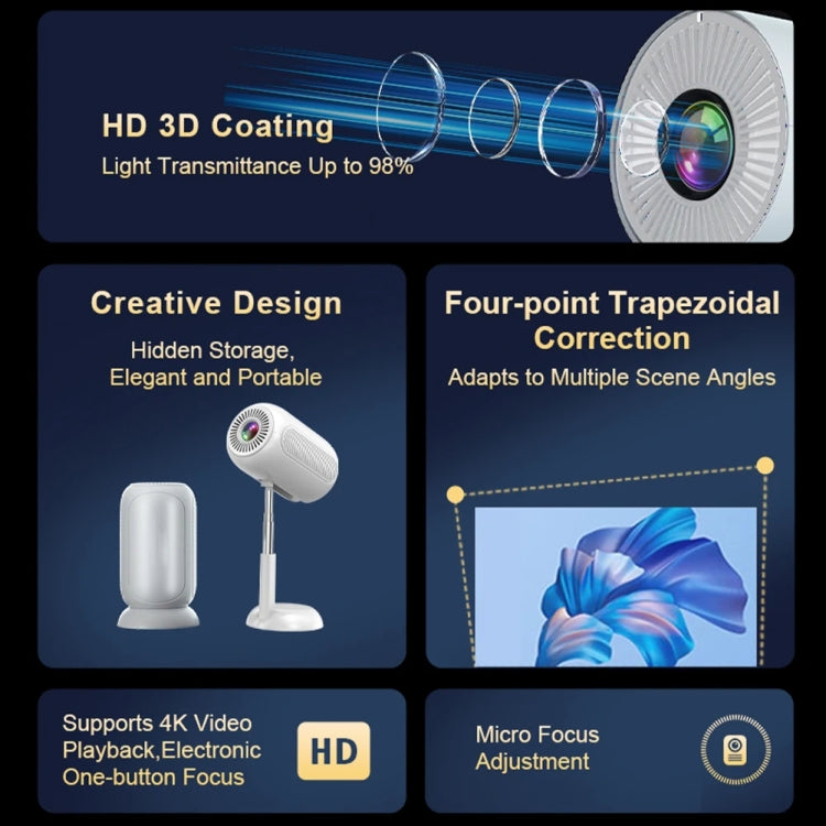 TS-6 Android 11 WiFi6 4K Mini Projector Hidden Lift Gimbal Projector UK Plug(White) - free shipping - PMC Jewellery - Order now!