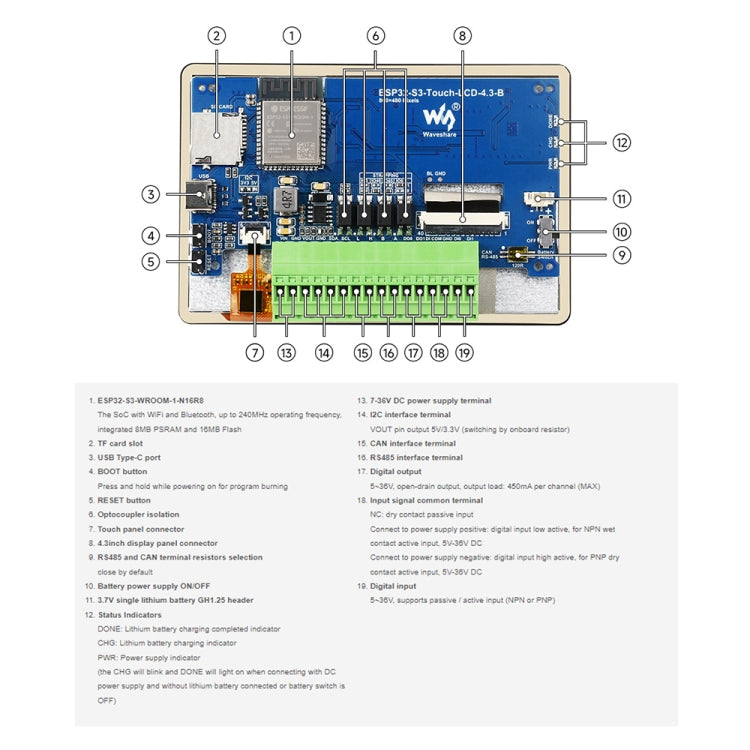 Waveshare ESP32-S3 4.3inch 800×480 Touch LCD Development Board without Case - free shipping - PMC Jewellery - Order now!
