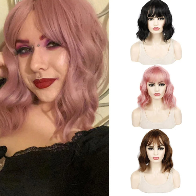Water Wave Ripple Short Curly Hair With Bangs Fluffy Wig Headcovers, Color: Pink - free shipping - PMC TechLife - Order now!