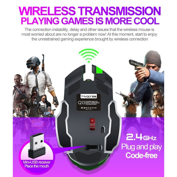 T-WOLF Q13 2.4GHz 6-keys RGB Colorful Light Gaming Wireless Mouse, Color: Single Mode Black - Wireless Mice by T-WOLF | Online Shopping South Africa | PMC TechLife | Buy Now Pay Later Mobicred