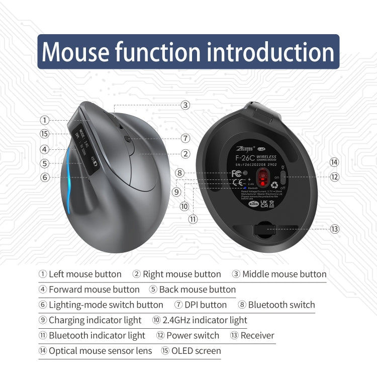 ZELOTES F-26C 8-Keys 2.4G+Bluetooth Dual-Mode LED Display Vertical Grip Wireless Mouse(Gray) - free shipping - PMC TechLife - Order now!