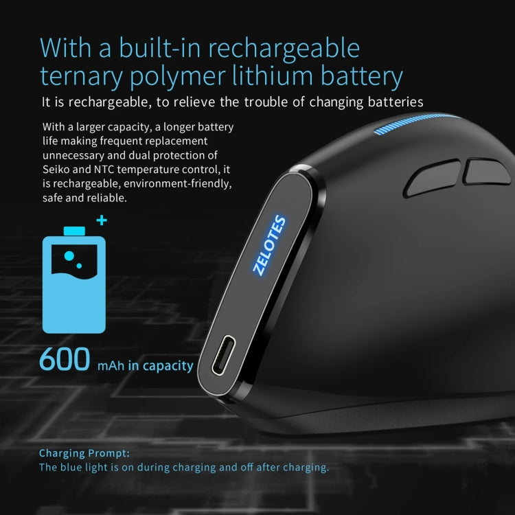 ZELOTES F36A 6-Buttons Vertical Grip Ergonomic Rechargeable Wireless Mouse(Black) - Wireless Mice by ZELOTES | Online Shopping South Africa | PMC TechLife | Buy Now Pay Later Mobicred