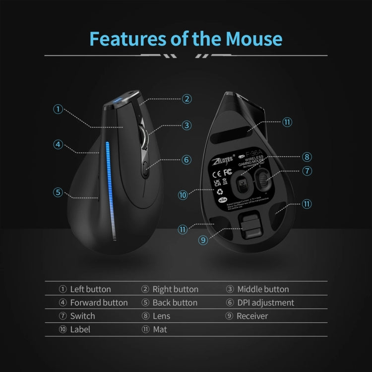 ZELOTES F36A 6-Buttons Vertical Grip Ergonomic Rechargeable Wireless Mouse(Black) - Wireless Mice by ZELOTES | Online Shopping South Africa | PMC TechLife | Buy Now Pay Later Mobicred