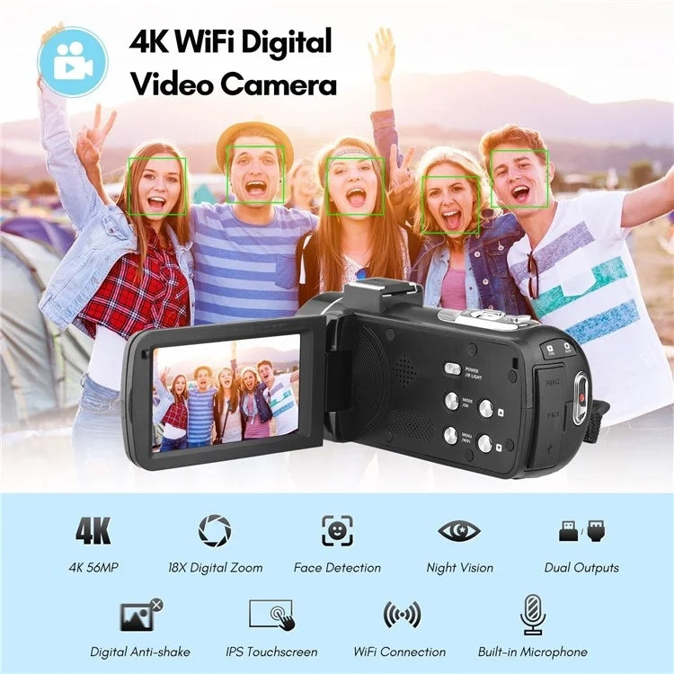 4K  Digital Video Camera 3 Inch IPS Touch Screen 56MP 18X Digital Zoom WiFi Camcorder, Spec: Set 2 - Video Cameras by PMC TechLife | Online Shopping South Africa | PMC TechLife | Buy Now Pay Later Mobicred