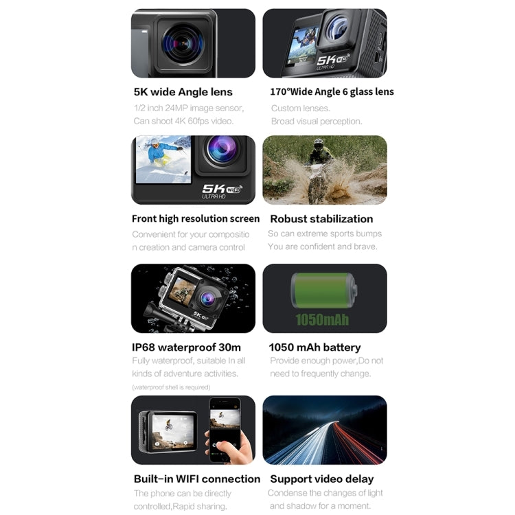 5K/30FPS WIFI HD Anti-Shake Remote Touch Dual-Screen IP68 Waterproof Sports Camera(Microphone Version) - free shipping - PMC TechLife - Order now!