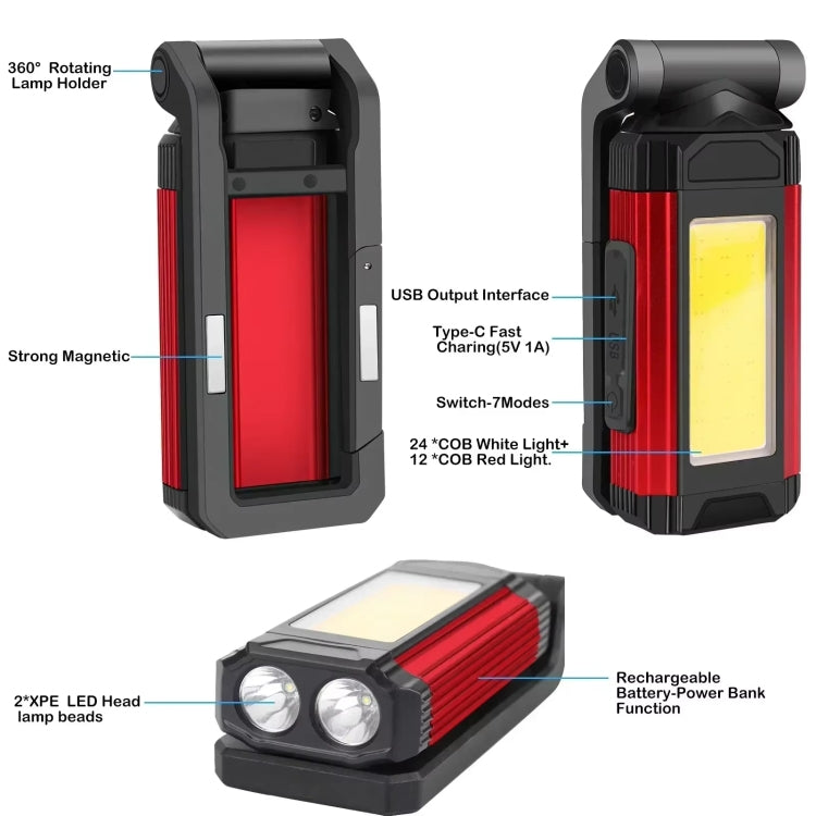 E-SMARTER K011 USB Rechargeable Repair Light With Magnet COB Strong Light Flashlight, Style: A Foldable Red - Other Tools by E-SMARTER | Online Shopping South Africa | PMC Jewellery | Buy Now Pay Later Mobicred