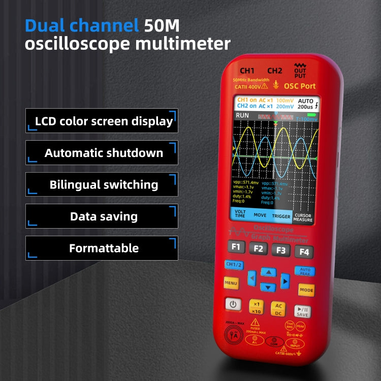 BSIDE O9 Digital Handheld Dual Channel 50MHz Oscilloscope Signal Source Multimeter, Spec: With Single Oscilloscope Probe (Red) - free shipping - PMC TechLife - Order now!