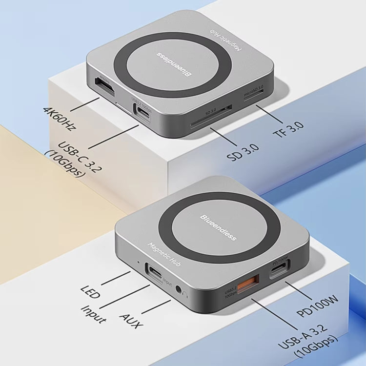 Blueendless 8-In-1 Magnetic HUB With M.2 NVMe/SATA SSD Enclosure (HDMI+PD100W+USB-C/Type-C 3.2+USB-A 3.2+SD+TF+AUX) - HDD Enclosure by Blueendless | Online Shopping South Africa | PMC TechLife | Buy Now Pay Later Mobicred