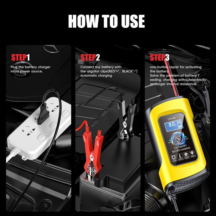 FOXSUR 12V8A SUV Car Motorcycle Intelligent Repair Type Lead-acid Battery Charger(EU Plug) - free shipping - PMC TechLife - Order now!