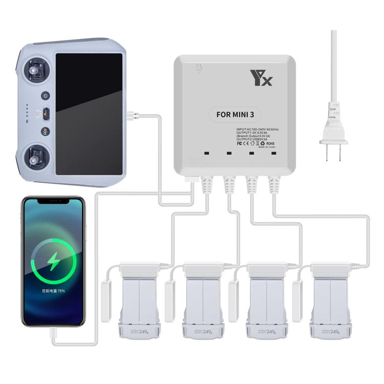 For DJI Mini 4 Pro / Mini 3 Pro / Mini 3 Drone YX 4-way Charger Battery Butler UK Plug - free shipping - PMC TechLife - Order now!