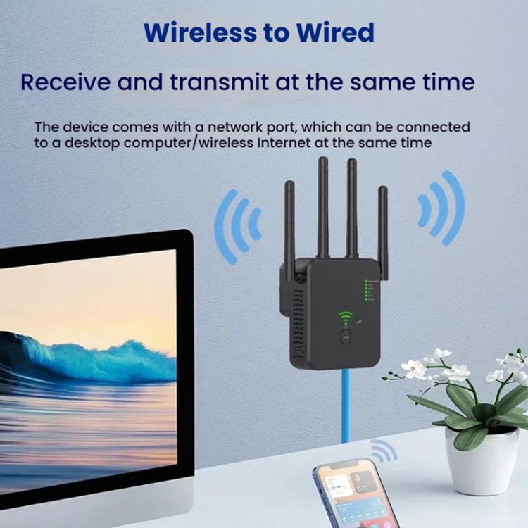 Urant U10 1200Mbps 2.4G & 5.8G Wireless Repeater WiFi Signal Amplifier With 4 Antenna UK Plug Black - Broadband Amplifiers by Urant | Online Shopping South Africa | PMC TechLife | Buy Now Pay Later Mobicred