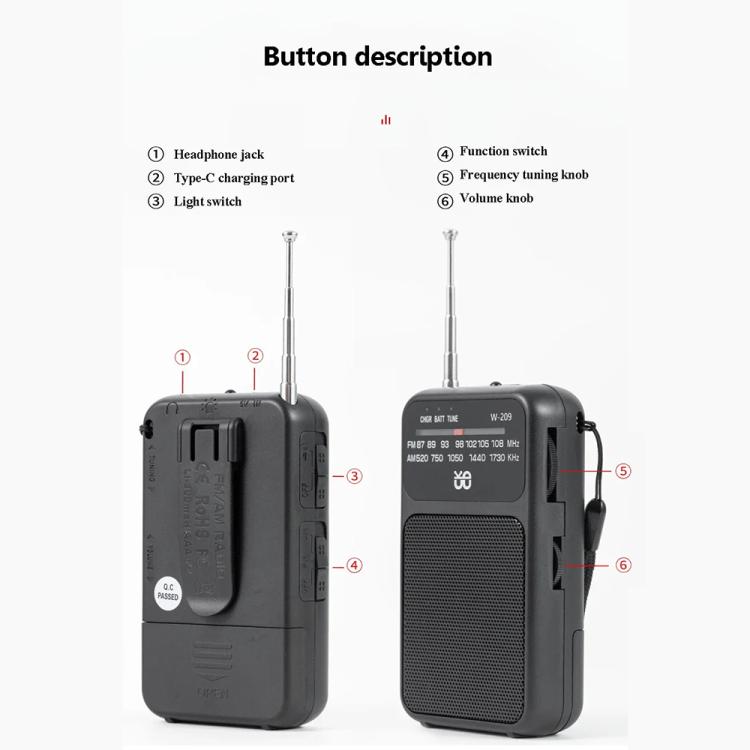 W-209 Mini Portable Rechargeable / Battery Dual-mode Powered Pointer FM Radio with Flashlight(Blue) - Radio Player by PMC TechLife | Online Shopping South Africa | PMC TechLife | Buy Now Pay Later Mobicred