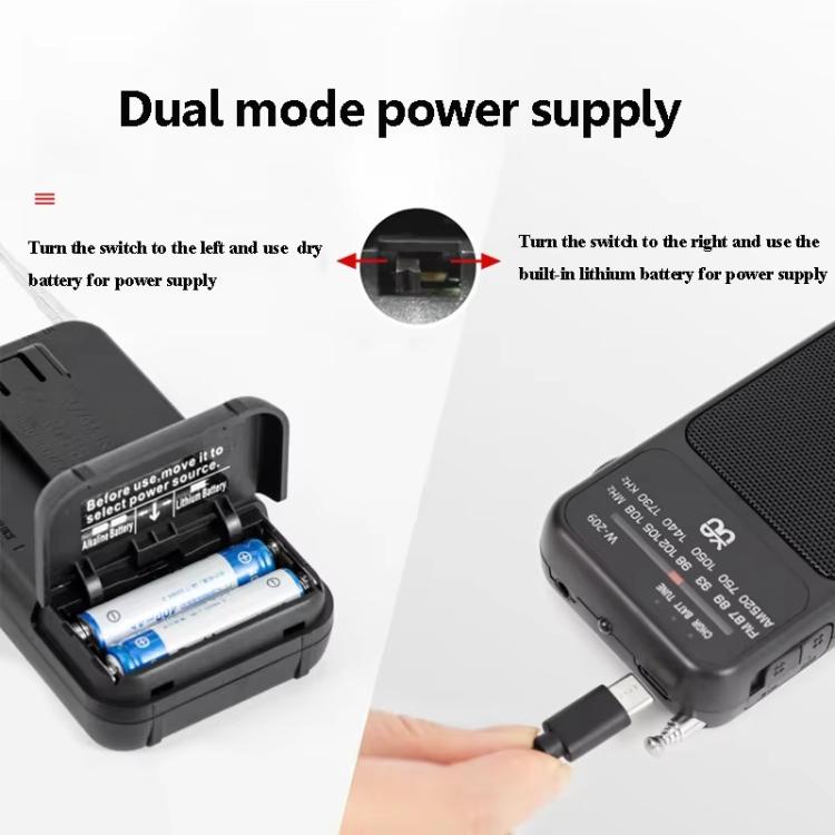 W-209 Mini Portable Rechargeable / Battery Dual-mode Powered Pointer FM Radio with Flashlight(Black) - Radio Player by PMC TechLife | Online Shopping South Africa | PMC TechLife | Buy Now Pay Later Mobicred