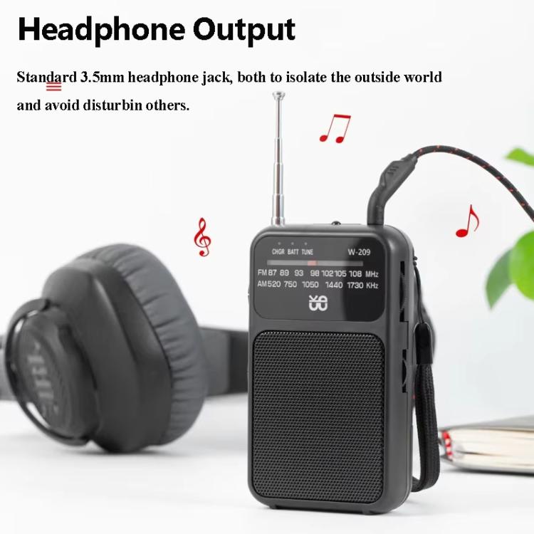 W-209 Mini Portable Rechargeable / Battery Dual-mode Powered Pointer FM Radio with Flashlight(Black) - Radio Player by PMC TechLife | Online Shopping South Africa | PMC TechLife | Buy Now Pay Later Mobicred
