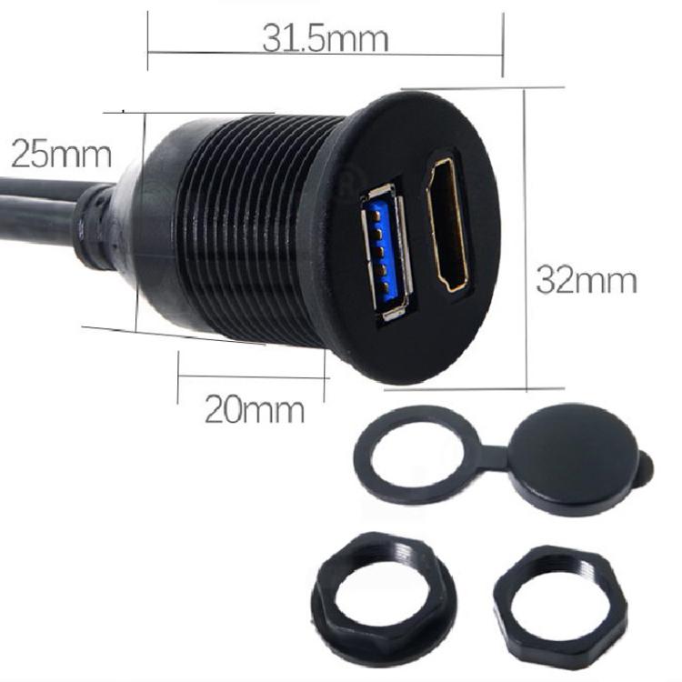 2m USB3.0+HDMI Car Waterproof Cable Motorcycle Boat Dashboard Extension Wire(Black) - DIY Cables by PMc TechLife | Online Shopping South Africa | PMc TechLife | Buy Now Pay Later Mobicred