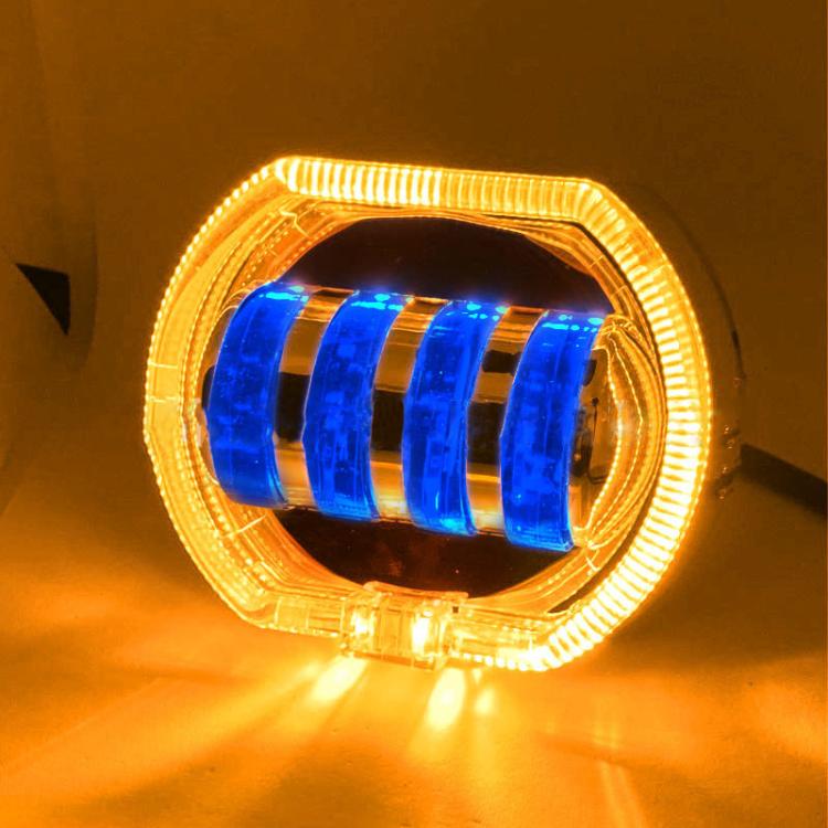 Motorcycle Electric Vehicle General Modification LED Headlight 4 Beads Double Lens Lamps, Style: Yellow Aperture+Blue Devil Eye - Headlights by PMC TechLife | Online Shopping South Africa | PMC TechLife | Buy Now Pay Later Mobicred