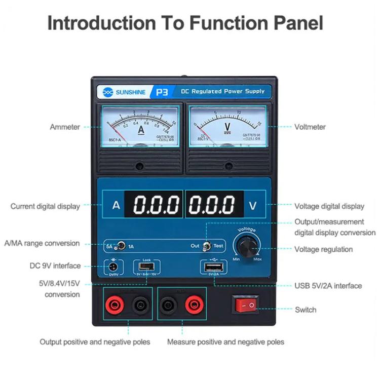 SUNSHINE P3 DC Regulated Power Supply 5V/8.4V/15V Switching Mobile Phone Repair Regulated Power Supply Meter(US Plug 110V) - free shipping - PMC TechLife - Order now!
