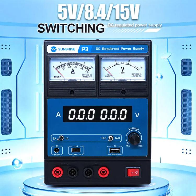 SUNSHINE P3 DC Regulated Power Supply 5V/8.4V/15V Switching Mobile Phone Repair Regulated Power Supply Meter(EU Plug 220V) - free shipping - PMC TechLife - Order now!