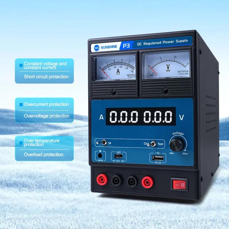 SUNSHINE P3 DC Regulated Power Supply 5V/8.4V/15V Switching Mobile Phone Repair Regulated Power Supply Meter(EU Plug 220V) - free shipping - PMC TechLife - Order now!