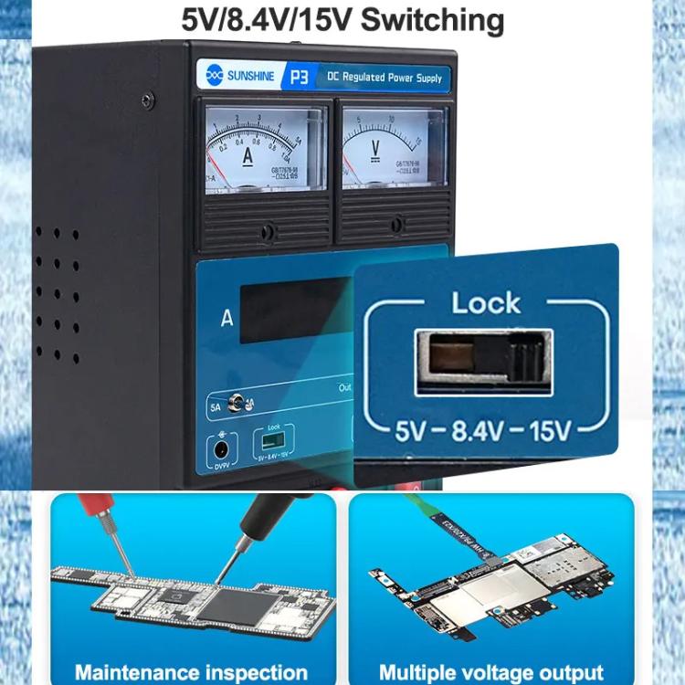SUNSHINE P3 DC Regulated Power Supply 5V/8.4V/15V Switching Mobile Phone Repair Regulated Power Supply Meter(EU Plug 220V) - free shipping - PMC TechLife - Order now!