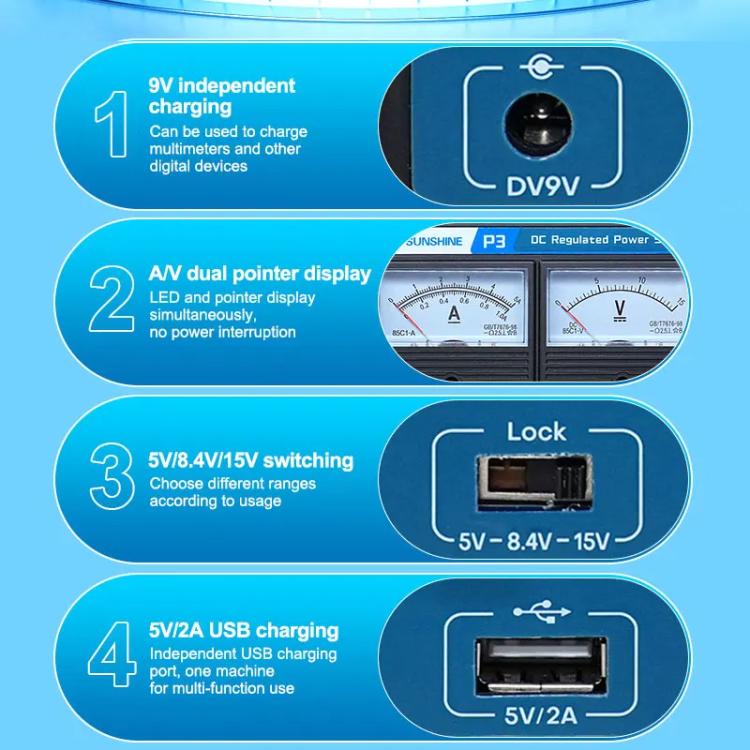 SUNSHINE P3 DC Regulated Power Supply 5V/8.4V/15V Switching Mobile Phone Repair Regulated Power Supply Meter(EU Plug 220V) - free shipping - PMC TechLife - Order now!