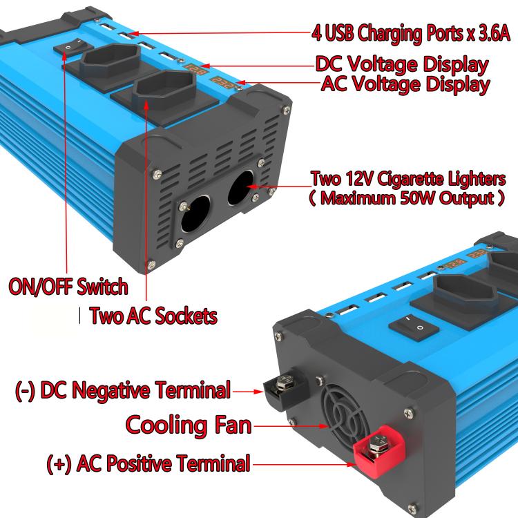 Gurxun 4 USB Ports Digital Display Modified Square Wave Inverter, Spec: 300W Brazil Plug 12V To 110V - free shipping - PMC TechLife - Order now!